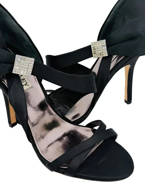 Badgley Mischka Black Satin Rhinestone Bow Heels 6 | dOrsay Formal Evening Shoes - Picture 13 of 16